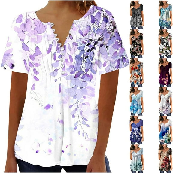 YOTAMI Plus Size Tops for Women Dressy Casual Loose Fit Blouses Summer Ruffled Floral Print Short Sleeve Button V-Neck T-Shirts Multicolor