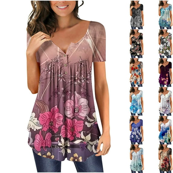YOTAMI Plus Size Tops for Women Summer Fashion Floral Print Tunic Tops Short Sleeve V-Neck Blouses Dressy Casual T-Shirts Green