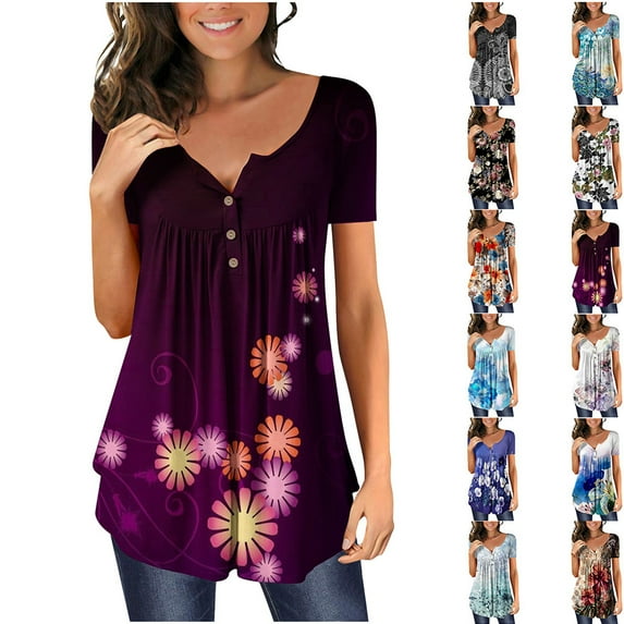 YOTAMI Plus Size Tops for Women Summer Fashion Floral Print Tunic Tops Short Sleeve V-Neck Blouses Dressy Casual T-Shirts Purple