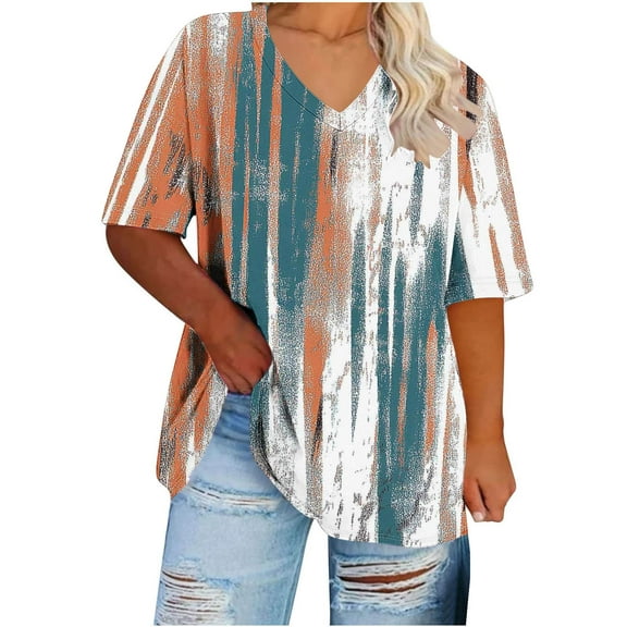 YOTAMI Women's Plus Size Tops Short Sleeve Floral Graphic T-Shirts V-Neck Summer Tops Trendy Casual Blouses S-XXXL