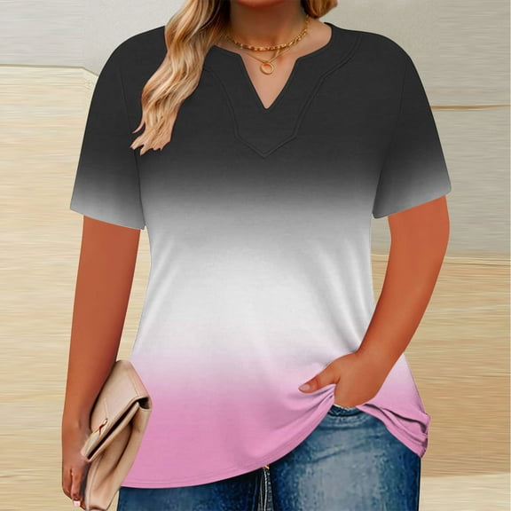 YOTAMI Plus Size Tops for Women - Gradient Print Graphic Tees for Outdoor Summer Short Sleeve V-Neck Casual Tops L-XXXXXL