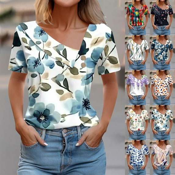 YOTAMI Plus Size V-Neck Tops for Women V-Neck Graphic T-Shirts for Work Floral Print Short Sleeve Loose Shirts Multicolor, Sizes S-3X