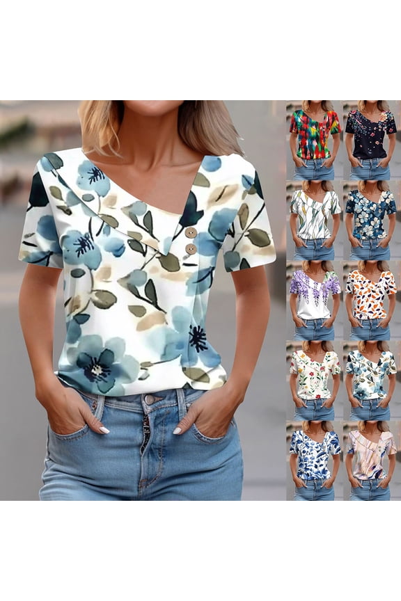 Plus Size V-Neck Tops for Women V-Neck Graphic T-Shirts for Work Floral Print Short Sleeve Loose Shirts Multicolor, Sizes S-3X