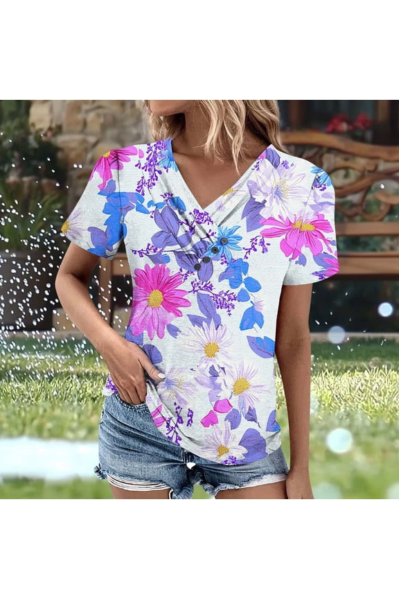 Plus Size Women's Summer Tops Short Sleeve Graphic Tees for Vacation Printed Button V-Neck Breathable Tops Pink