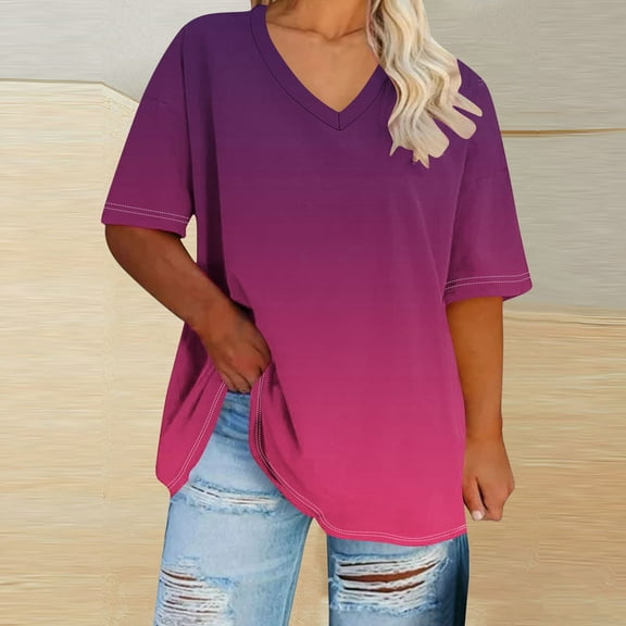 YOTAMI Women's Plus Size Tops Summer Gradient Print Blouses Short Sleeve V-Neck Loose Fit Graphic T-Shirts