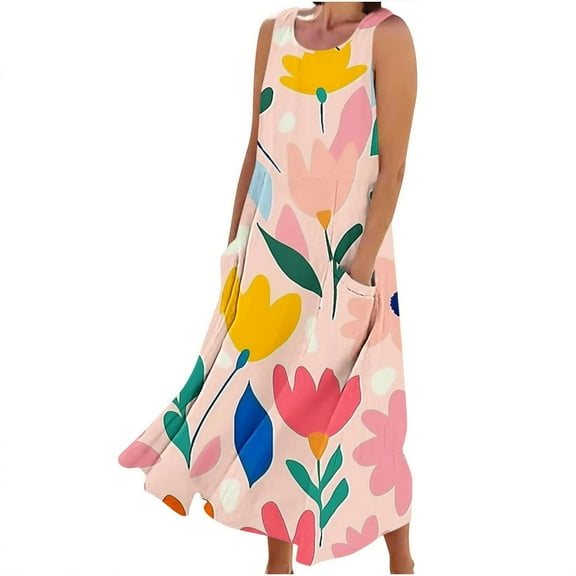 YOTAMI Summer Dresses for Women Plus Size Loose Fit Cotton Linen Dresses with Pockets for Beach Vacation Sleeveless Flowy Casual Maxi Dresses Light Pink
