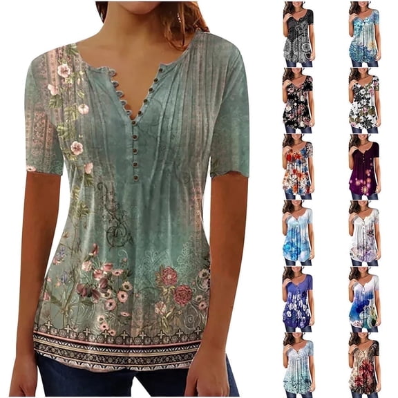 Yotami Womens Plus Size Tops Summer Pleated Floral Print Blouse Dressy Casual Button V-Neck Short Sleeve Shirts for Women