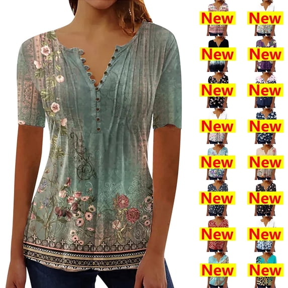 Yotami Blouses for Women Dressy Casual Button V-Neck Tunic Tops Summer Short Sleeve Pleated Floral Print Boho Plus Size Shirts,Size S-XXXXXL