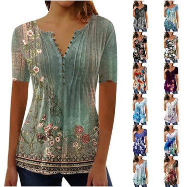 YOTAMI Womens Tops Clearance Under $5 Summer Floral Print Blouses Dressy Casual Pleated Button V-Neck Tunic Tops Short Sleeve Plus Size Clothes Green