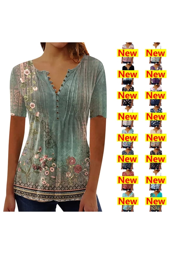 Womens Plus Size Tops Summer Pleated Floral Print Blouse Dressy Casual Short Sleeve Button V-Neck Shirts for Women
