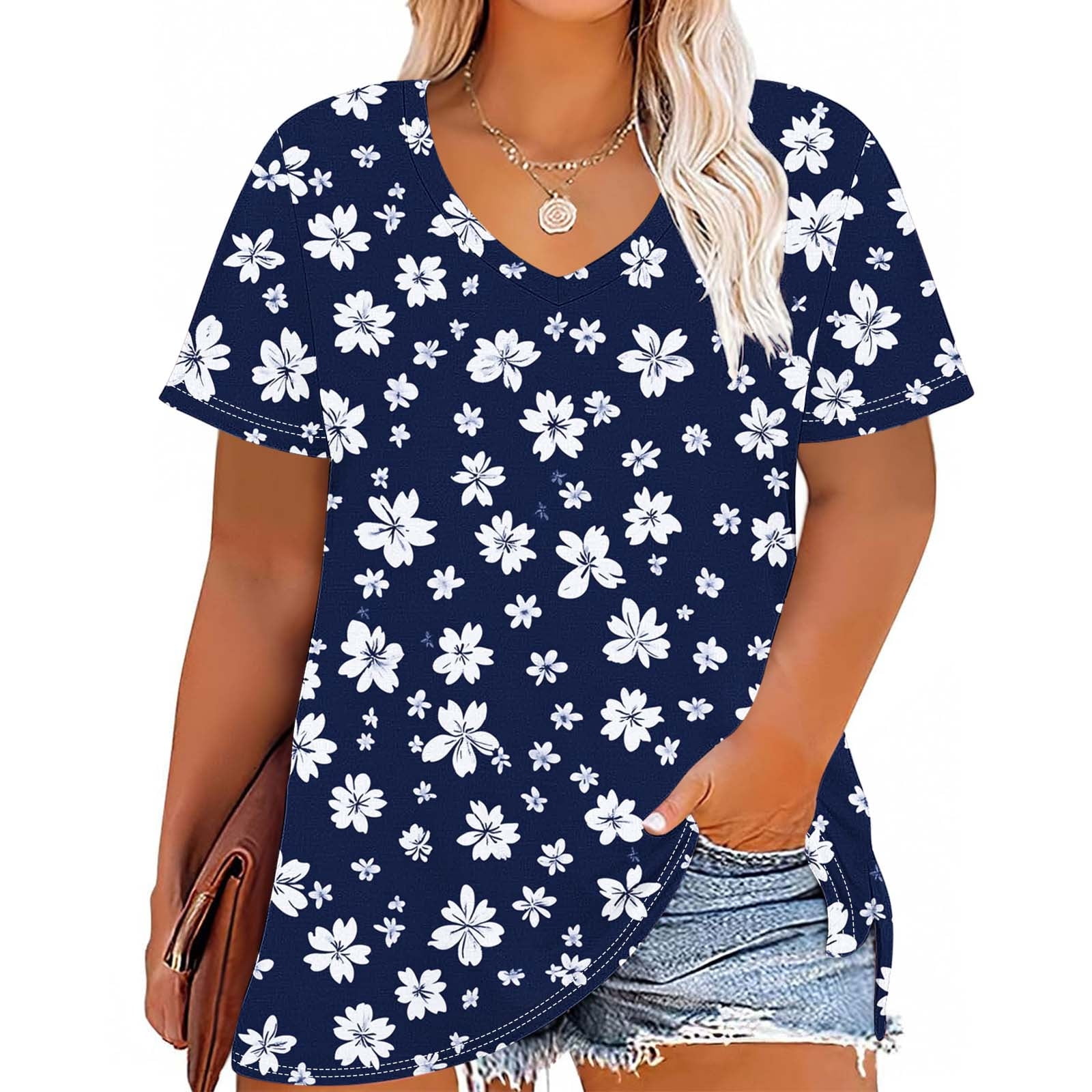 U.Vomade Women's Plus Size Summer Tunic Top – V-Neck Flowy Blouse With Green Floral Print