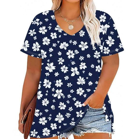 YOTAMI Short Sleeve V-Neck Tops for Women Plus Size Fashion Floral Print Casual Shirts for Vacation Summer Tops Blouses Multicolor