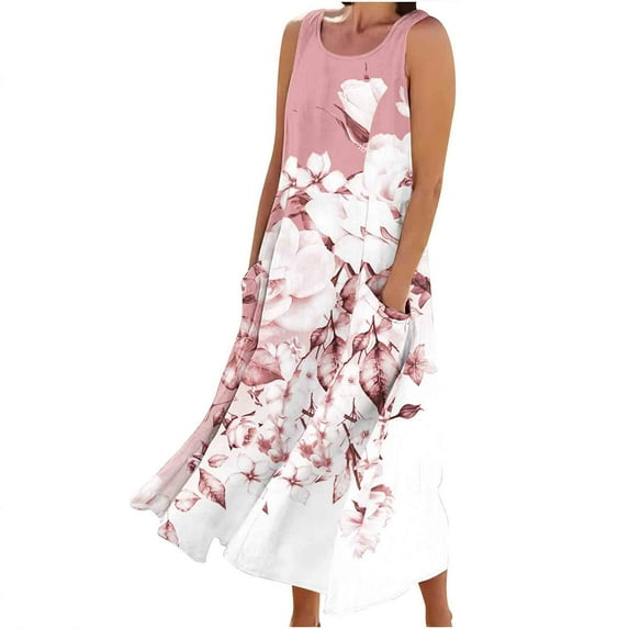 YOTAMI Summer Dresses for Women Plus Size Loose Fit Cotton Linen Dresses with Pockets for Beach Vacation Sleeveless Flowy Casual Maxi Dresses Pink