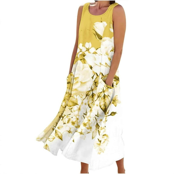 YOTAMI Summer Dresses for Women Plus Size Loose Fit Cotton Linen Dresses with Pockets for Beach Vacation Sleeveless Flowy Casual Maxi Dresses Yellow