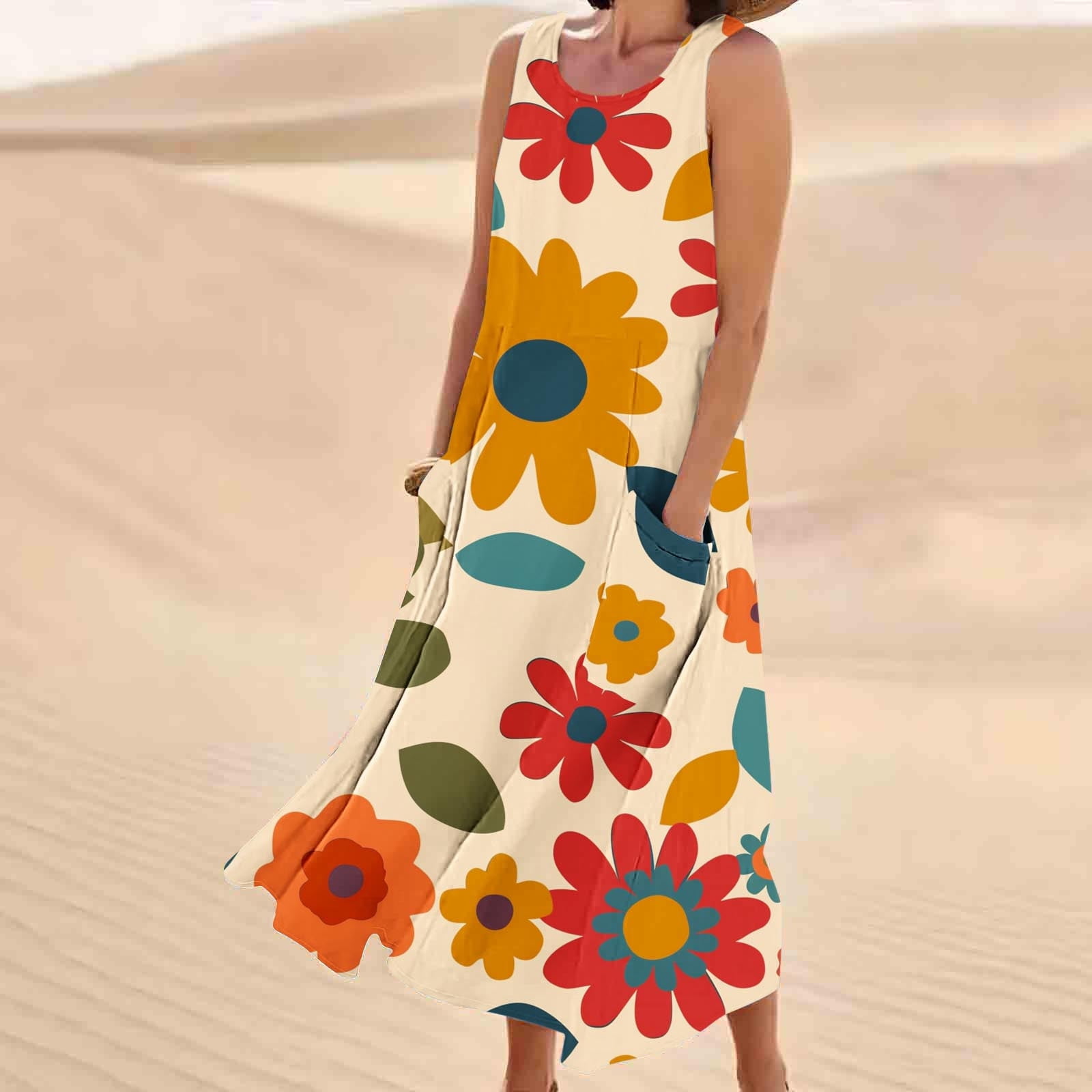 Women's Cotton Linen Summer Dress - Square Neck, Half Sleeve, A-Line Loose Shift Midi Dress For Beach, Holiday, Casual