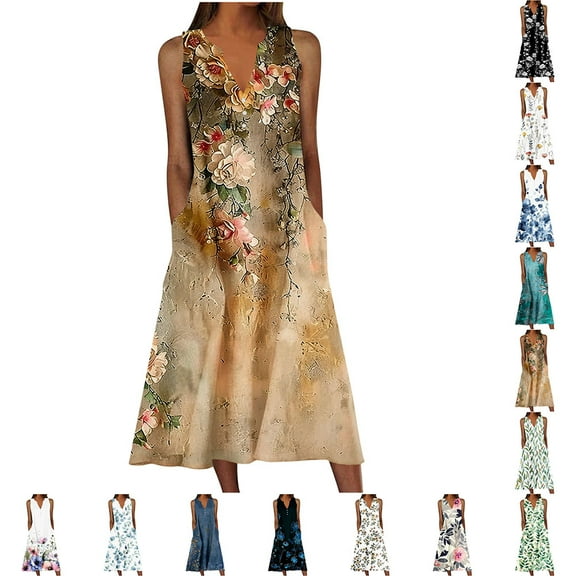 YOTAMI Summer Dresses for Women Plus Size Beach Vacation Casual Dresses with Pocket Sleeveless Boho Floral Print Swing Midi Dress