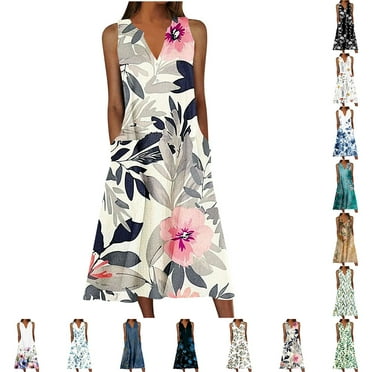 YOTAMI Summer Dresses for Women Plus Size Beach Vacation Casual Dresses with Pocket Sleeveless Boho Floral Print Swing Midi Dress