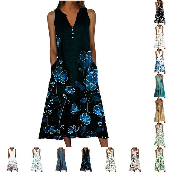 YOTAMI Summer Dresses for Women Plus Size Beach Vacation Casual Dresses with Pocket Sleeveless Boho Floral Print Swing Midi Dress