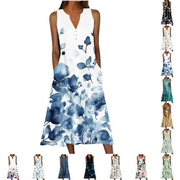 YOTAMI Summer Dresses for Women Plus Size Beach Vacation Casual Dresses with Pocket Sleeveless Boho Floral Print Swing Midi Dress