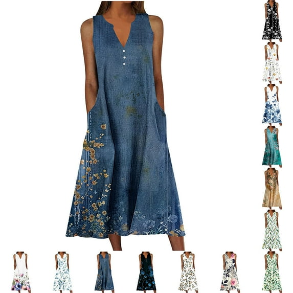 YOTAMI Summer Dresses for Women Plus Size Beach Vacation Casual Dresses with Pocket Sleeveless Boho Floral Print Swing Midi Dress