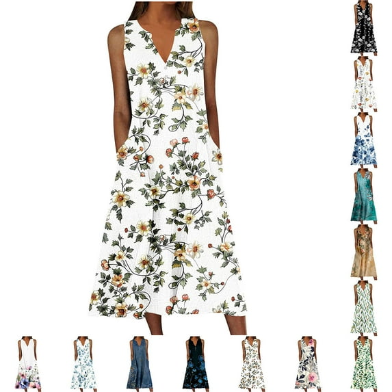 YOTAMI Summer Dresses for Women Plus Size Beach Vacation Casual Dresses with Pocket Sleeveless Boho Floral Print Swing Midi Dress