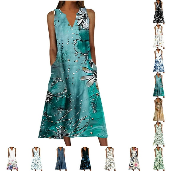 YOTAMI Summer Dresses for Women Plus Size Beach Vacation Casual Dresses with Pocket Sleeveless Boho Floral Print Swing Midi Dress