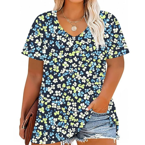 YOTAMI Plus Size Tops for Women Summer Short Sleeve V-Neck Graphic T-Shirts Trendy Casual Floral Print Blouses Blue