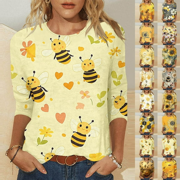 YOTAMI Summer Tops for Women Plus Size 3/4 Length Sleeve Shirts Sunflower Print Crew Neck Loose Blouses Yellow