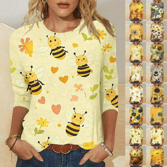 YOTAMI Summer Tops for Women Plus Size 3/4 Length Sleeve Shirts Sunflower Print Crew Neck Loose Blouses Yellow