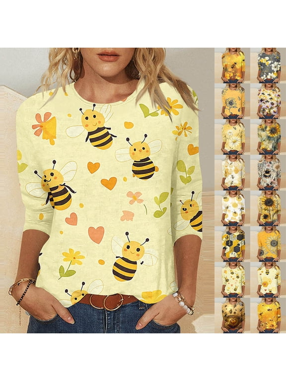Summer Tops for Women Plus Size 3/4 Length Sleeve Shirts Sunflower Print Crew Neck Loose Blouses Yellow