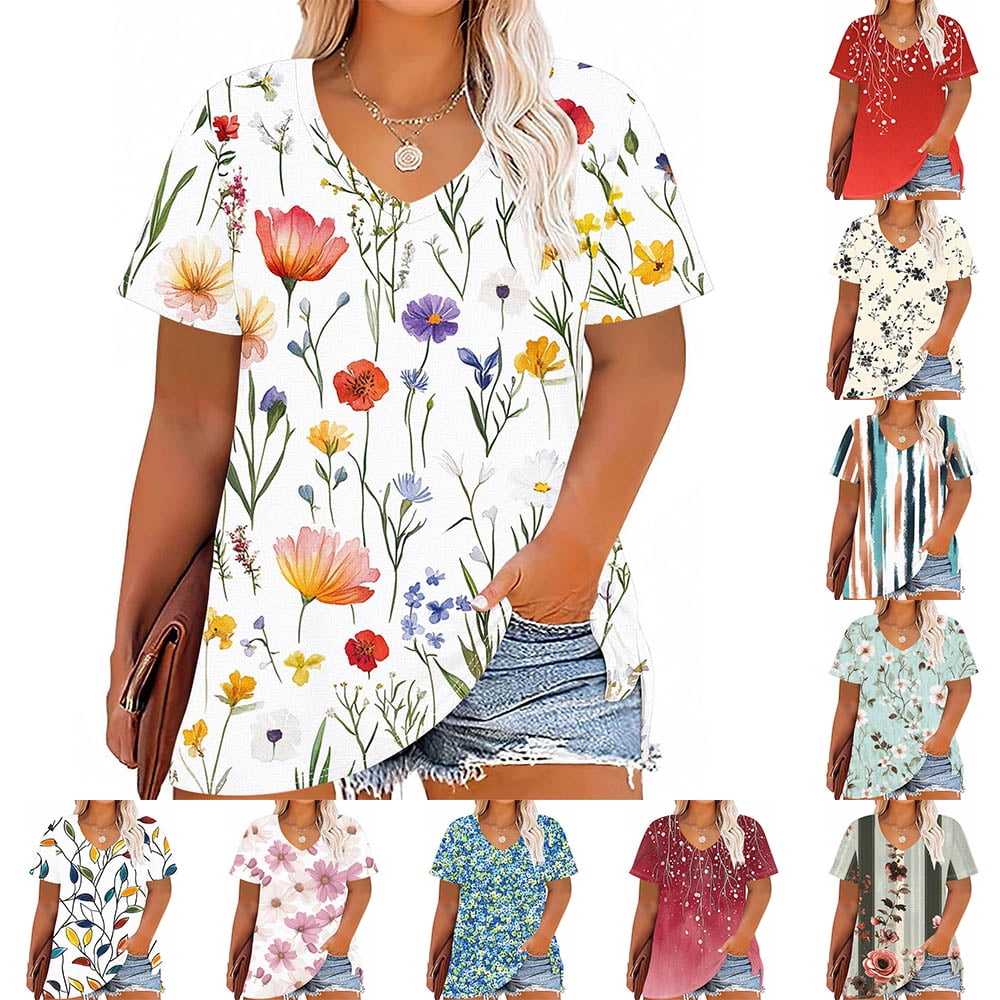 YOTAMI Summer Tops for Women Plus Size V-Neck Floral Print Casual T ...