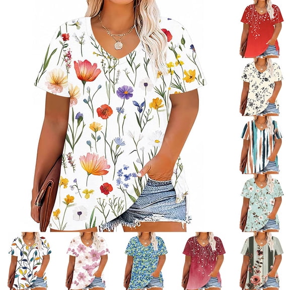 YOTAMI Summer Tops for Women Plus Size V-Neck Floral Print Casual T Shirts Short Sleeve Loose Fit Pullover Blouses White