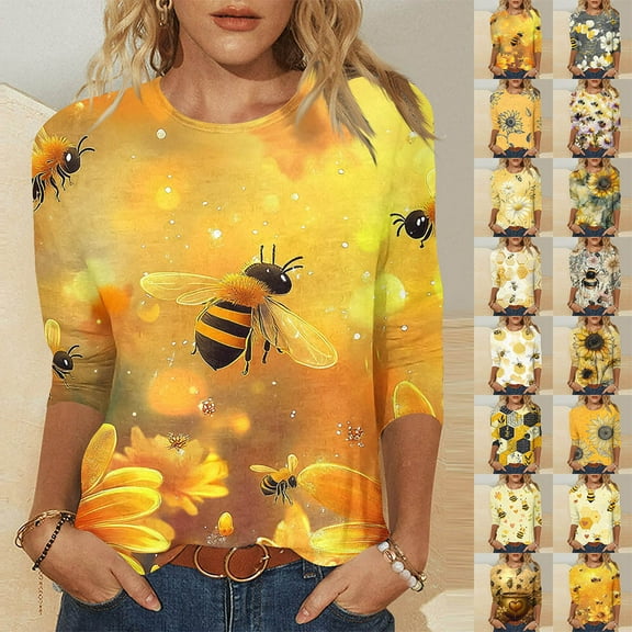 YOTAMI Sunflower Print Blouses for Women Plus Size Crew Neck 3/4 Length Sleeve Shirts Dressy Casual Summer Loose Tee Blouses Yellow