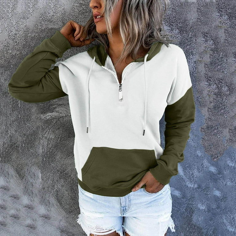 YOTAMI Sweatshirts for Women - Hoodie Pullover Drawstring Zip Up Color  Block Pocket Fashion Long Sleeve Winter Clearance! Army Green Sweatshirt