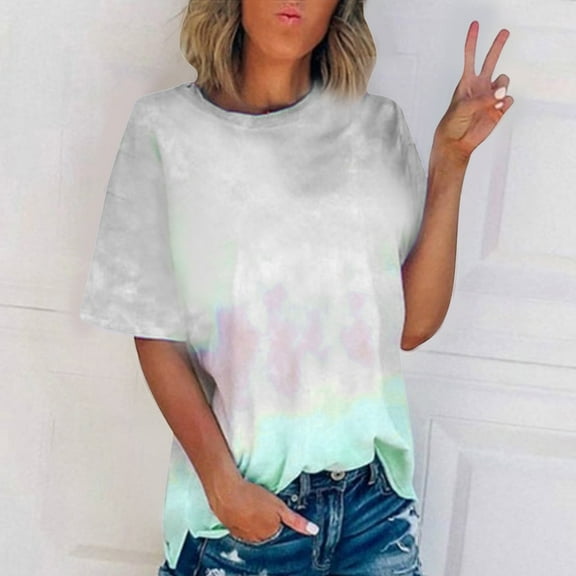 YOTAMI Tie Dye Shirts for Women Plus Size Fashion Summer Short Sleeve Tops Trendy Crew Neck Loose Fit Casual Blouses Gray