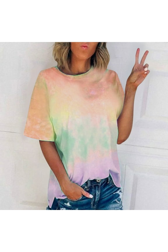 Tie Dye Shirts for Women Plus Size Fashion Summer Short Sleeve Tops Trendy Crew Neck Loose Fit Casual Blouses Orange