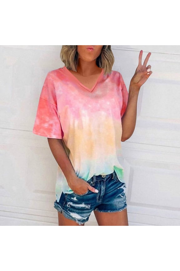 Tie Dye Shirts for Women Plus Size Fashion Summer Tops Short Sleeve Crew Neck Loose Fit Trendy Casual Blouses Red