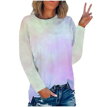 YOTAMI Tie Dye Shirt Women Long Sleeve Crew Neck Casual Pullover Tops Plus Size Clearance Clothes Purple M