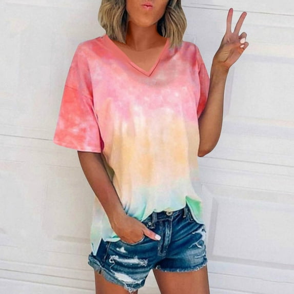 YOTAMI Tie Dye Shirts Women Summer Plus Size Clothes V-Neck Short Sleeve Blouses Trendy Casual Funny Graphic T Shirts Red