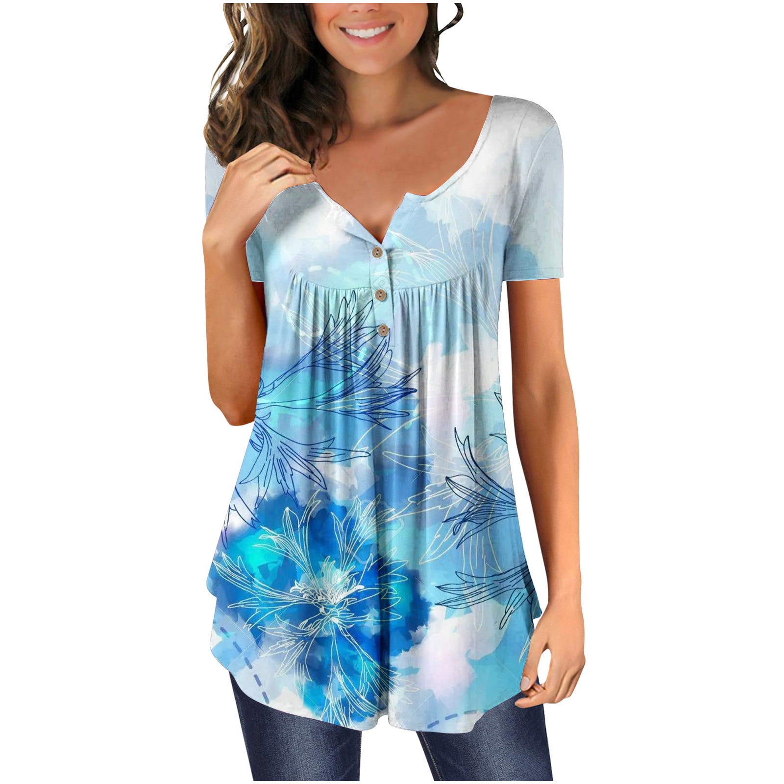 Yotami Tunic Tops For Women Fashion Summer Floral Print Short Sleeve 