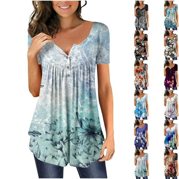 YOTAMI Summer Plus Size Tops for Women Short Sleeve Casual Blouses Fashion Pleated Button V-Neck Floral Graphic T-Shirts Blue