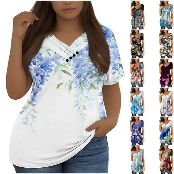 YOTAMI Womens Plus Size Tops Summer Short Sleeve Casual Shirts Fashion Floral Print V-Neck T-Shirt Flowy Loose Soft Blouses White, Size XXXXL