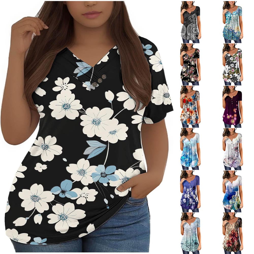 YOTAMI Womens Plus Size Tops Summer Short Sleeve Casual Shirts Fashion ...