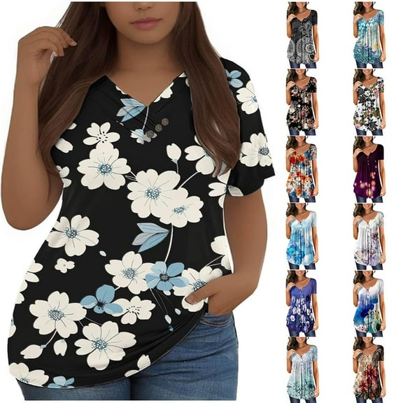 YOTAMI Womens Plus Size Tops Summer Short Sleeve Casual Shirts Fashion Floral Print V-Neck T-Shirt Flowy Loose Soft Blouses Black, Size XXXXXL