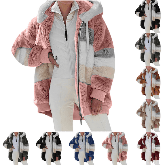 YOTAMI Winter Coats for Women Plus Size Color Block Plush Zipper Winter Warm Long Sleeve Hoodies Jackets Outerwear Casual Coats Clothes Clearance Pink 5XL