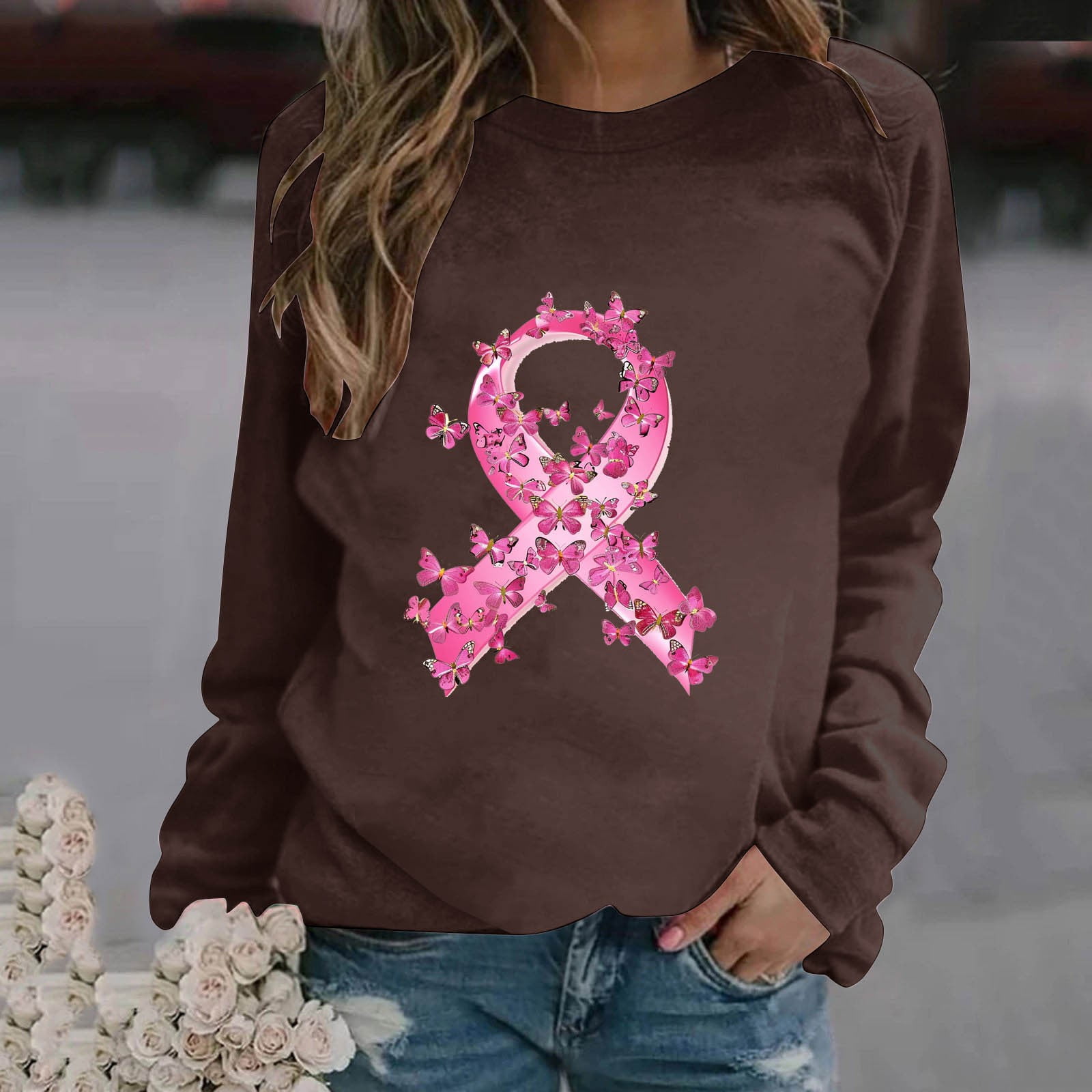 YOTAMI Winter Tops for Teen Girls Fall Pink Ribbon Loose Crewneck