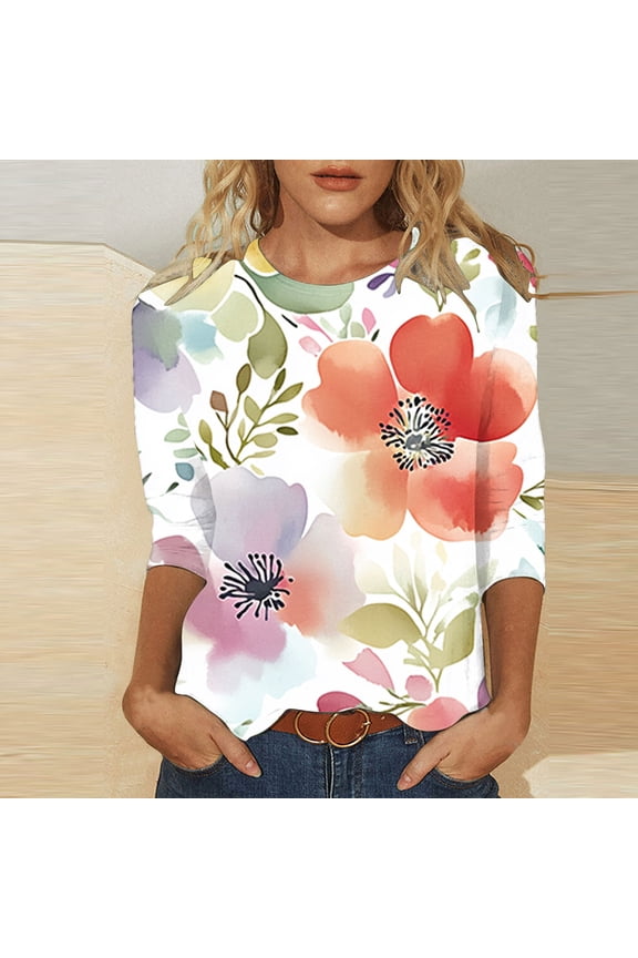 Women Blouses Trendy Casual Crew Neck Plus Size Blouses for Daily Floral Print 3/4 Length Sleeve Blouses