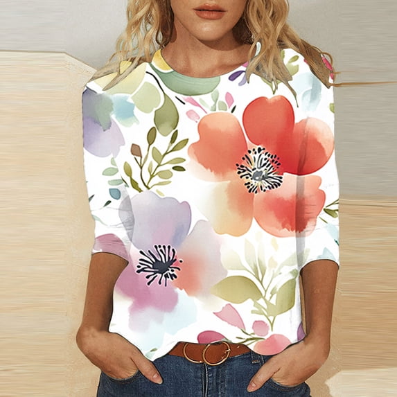 YOTAMI Women Blouses Trendy Casual Crew Neck Plus Size Blouses for Daily Floral Print 3/4 Length Sleeve Blouses