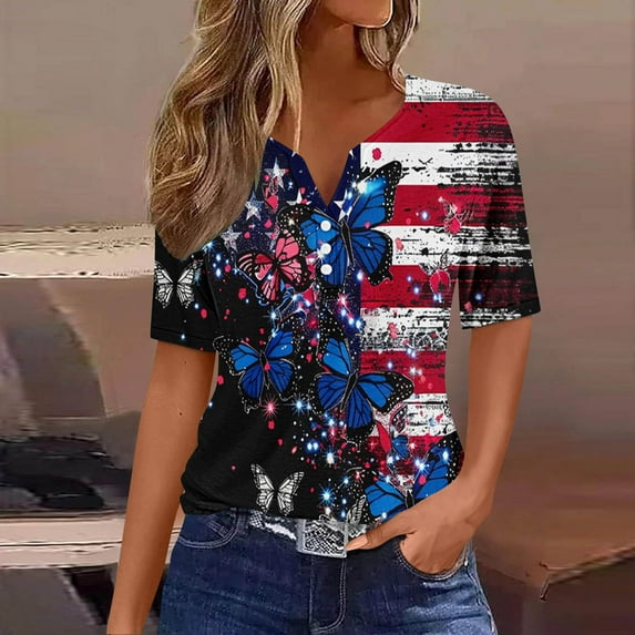 YOTAMI Women's 4th of July T-Shirts Summer Casual Independence Day Short Sleeve Button V-Neck Blouses Plus Size American Flag Red White Blue Tops Sizes S-XXXL