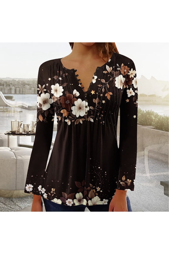 Women's Blouse Long Sleeve Floral Print Plus Size Tops for Gift Ruffled Button V-Neck Soft Tops Multicolor XL